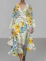 Regular Fit Floral Puff Sleeve Street V Neck Dress
