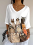 Women's Retro Funny Animal Cat Print Mid Sleeve T-Shirt