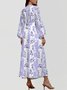 Leaf Regular Fit Vacation Puff Sleeve V Neck Dress