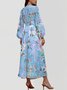 Vacation V Neck Gradient Pattern Puff Sleeve Dress