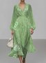 Puff Sleeve Regular Fit V Neck Leaf Street Dress