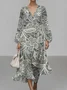 V Neck Botanical Pattern Puff Sleeve Regular Fit Semi Formal Dress
