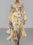Vacation V Neck Gradient Pattern Puff Sleeve Dress