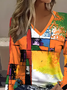 Women's Long Sleeve T-shirt Spring/Fall Orange Abstract Printing Jersey V Neck Daily Going Out Casual Top