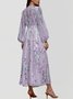 Regular Fit Puff Sleeve V Neck Striped Street Dress
