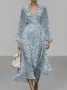 V Neck Botanical Pattern Puff Sleeve Regular Fit Semi Formal Dress