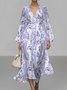 Leaf Regular Fit Vacation Puff Sleeve V Neck Dress