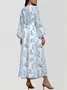 Leaf Regular Fit Vacation Puff Sleeve V Neck Dress