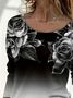 Women's Long Sleeve T-shirt Spring/Fall Black Floral Printing Jersey Crew Neck Daily Going Out Casual Top