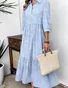 Women Striped Casual Spring/Fall Micro-Elasticity Regular Fit Maxi A-Line Regular No Dresses