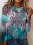 Regular Tops Daily Ethnic Print Spring and Autumn Long Sleeve Round Neck T-Shirt