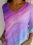 Women's Three Quarter Sleeve T-shirt Spring/Fall Purple Abstract Printing V Neck Daily Going Out Casual Top