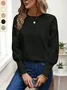 Solid color long sleeve embroidered lace patchwork waffle round neck top