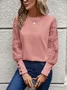 Solid color long sleeve embroidered lace patchwork waffle round neck top