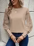 Solid color long sleeve embroidered lace patchwork waffle round neck top