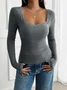 Women's Long Sleeve T-shirt Spring/Fall Gray Floral Split Joint Square Neck Daily Going Out Casual Top