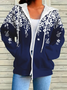 Women's Floral Print Casual Long Sleeve Zipper Hooded Sweatshirt Jacket