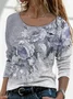 Women's Long Sleeve T-shirt Spring/Fall Gray Floral Printing Jersey Crew Neck Daily Going Out Casual Top