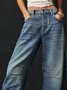 Buckle Cotton Loose Casual Women's Loose Wide Leg Pants Mid-low Rise Washed Scimitar Pants Jeans
