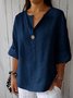 Casual Plain Buttoned V Neck Blouse