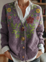 Women's Artistic Floral Pattern V-Neck Cardigan Casual Comfort Regular Sweatshirt Jacket