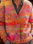Women's Retro Geometric Pattern V-Neck Cardigan Casual Comfort Regular Sweater Jacket