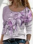 Women's Long Sleeve T-shirt Spring/Fall Gray Floral Printing Jersey Crew Neck Daily Going Out Casual Top