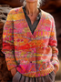 Women's Retro Geometric Pattern V-Neck Cardigan Casual Comfort Regular Sweater Jacket