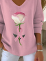 Women's Long Sleeve T-shirt Spring/Fall Pink Floral Printing V Neck Daily Going Out Casual Top