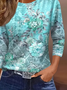 Women's Three Quarter Sleeve T-shirt Spring/Fall Green Floral Crew Neck Daily Going Out Casual Top