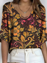 Women's Floral Pattern Trimmed V-Neck Three-Quarter Sleeve T-Shirt Regular Top