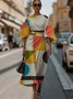 Dolman Sleeve Regular Fit Street Crew Neck Geometric Dress With Belt