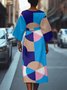 Dolman Sleeve Regular Fit Street Crew Neck Geometric Dress With Belt