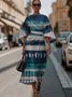 Geometric Street Crew Neck Regular Fit Dolman Sleeve Dress With Belt