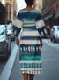 Geometric Street Crew Neck Regular Fit Dolman Sleeve Dress With Belt