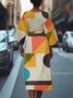 Dolman Sleeve Regular Fit Street Crew Neck Geometric Dress With Belt