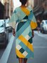 Dolman Sleeve Crew Neck Gradient Pattern Vintage Dress With Belt