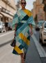 Dolman Sleeve Crew Neck Gradient Pattern Vintage Dress With Belt