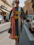 Dolman Sleeve Crew Neck Gradient Pattern Vintage Dress With Belt