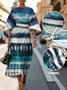 Geometric Street Crew Neck Regular Fit Dolman Sleeve Dress With Belt