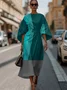 Geometric Street Crew Neck Regular Fit Dolman Sleeve Dress With Belt