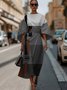 Regular Fit Casual Geometric Crew Neck Dolman Sleeve Dress With Belt