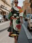 Dolman Sleeve Crew Neck Gradient Pattern Vintage Dress With Belt