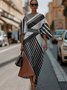 Regular Fit Casual Geometric Crew Neck Dolman Sleeve Dress With Belt