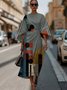 Regular Fit Casual Geometric Crew Neck Dolman Sleeve Dress With Belt