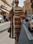 Dolman Sleeve Crew Neck Gradient Pattern Vintage Dress With Belt
