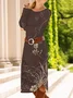 Women's Long Sleeve Spring/Fall Brown Floral Crew Neck Daily Going Out Casual Midi A-Line T-Shirt Dress Dress