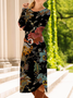 Women's Long Sleeve Spring/Fall Black Floral Crew Neck Daily Going Out Casual Midi A-Line T-Shirt Dress Dress