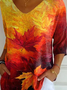 Loose V Neck Maple Leaf Casual T-Shirt
