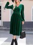 Women's Long Sleeve Spring/Fall Brown Plain Split Joint V Neck Daily Going Out Vintage Maxi A-Line T-Shirt Pleuche Dress